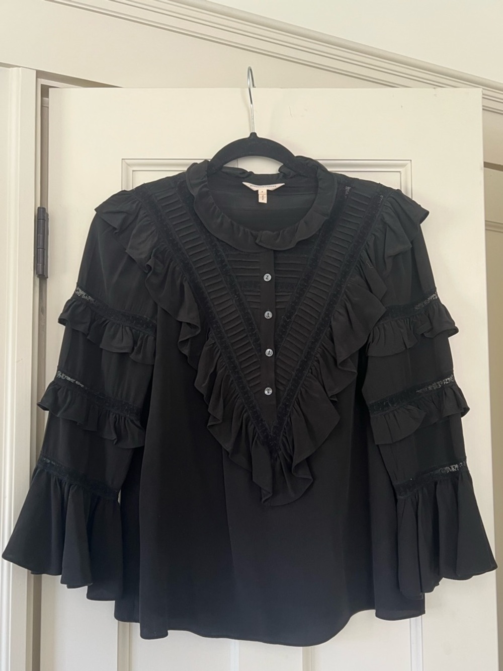 Rebecca Taylor Black Ruffled V-Paneled Silk Blouse